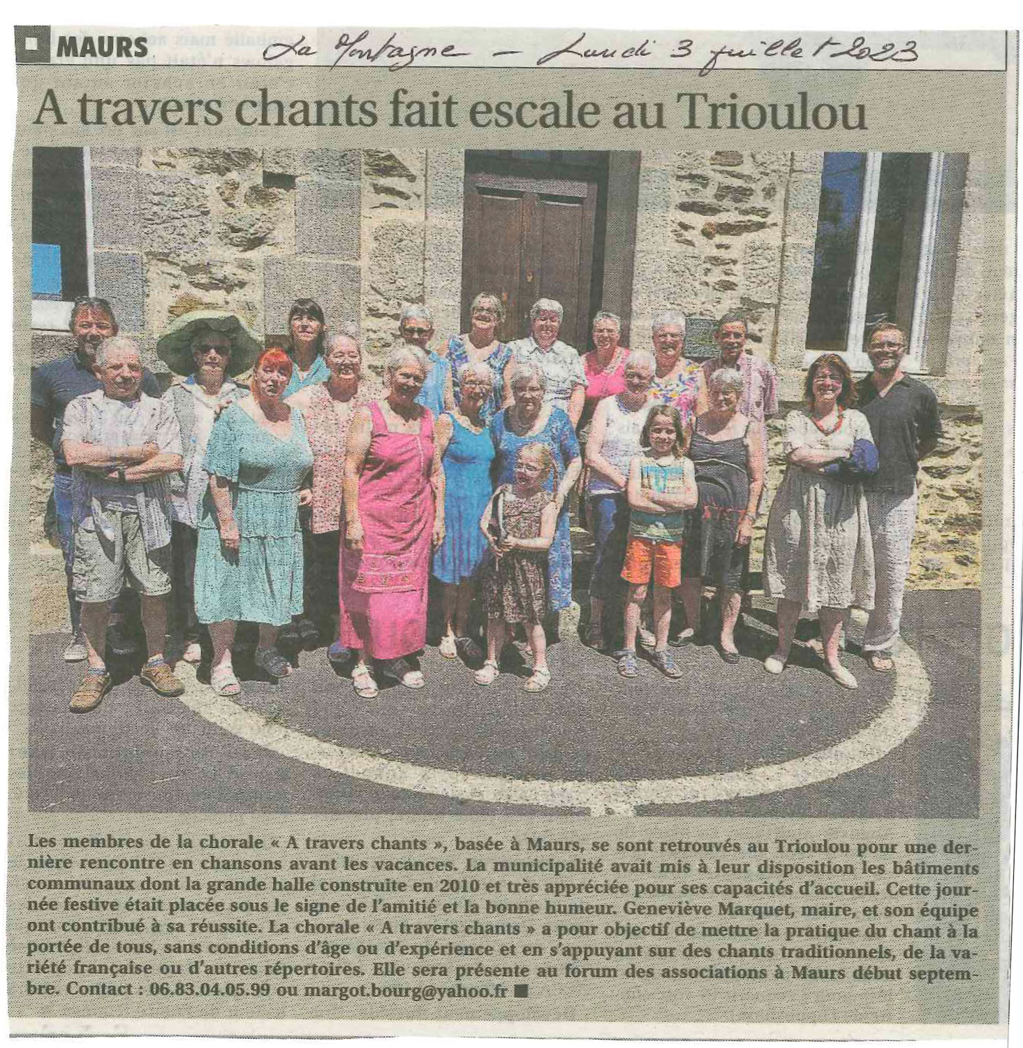 Article sur le Trioulou Chorale de chants paru dans La Montagne le 3 juillet 2023