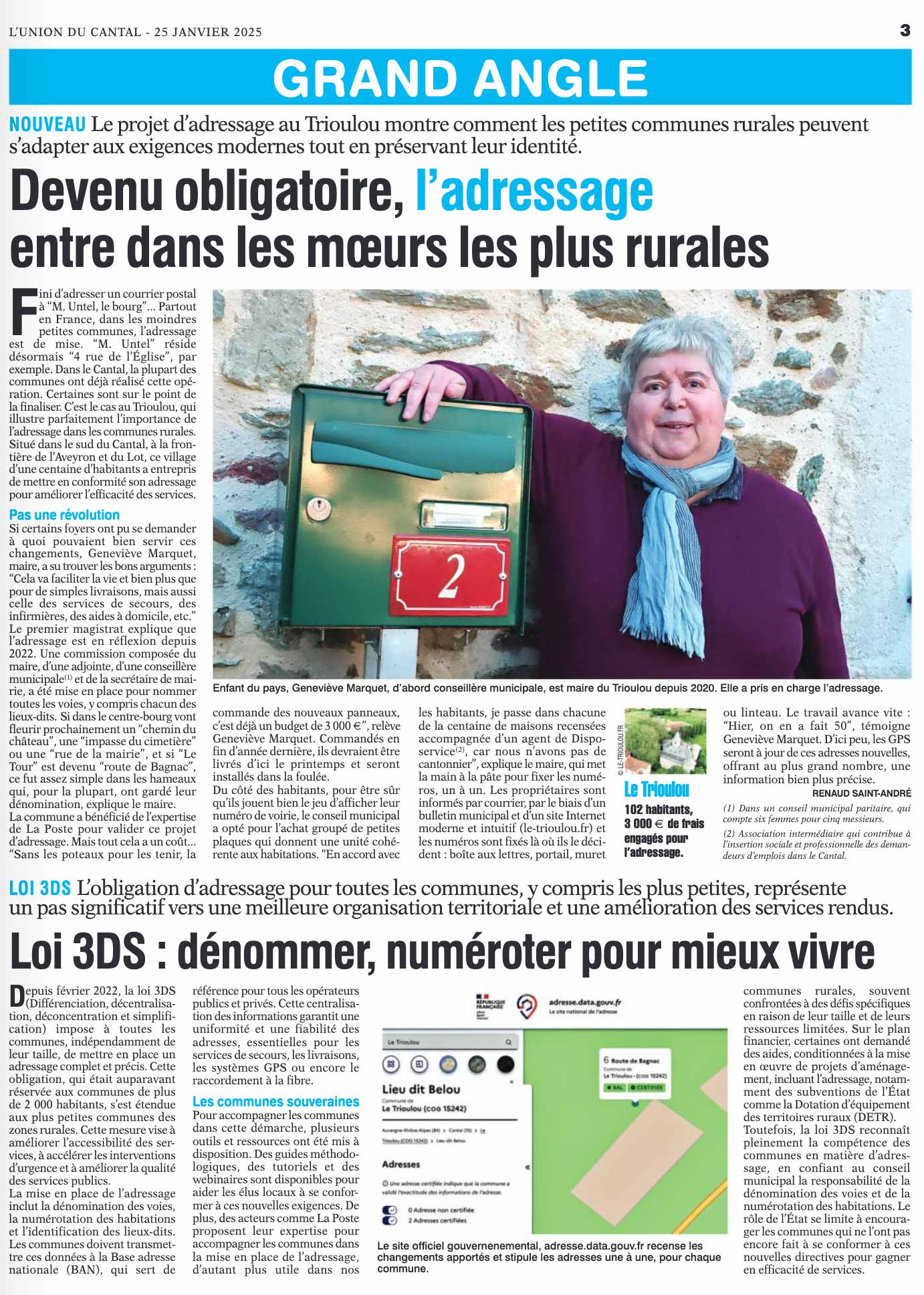 L'Union du Cantal du 27 janvier 2025 - adressage dans la petite commune du Trioulou