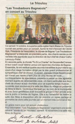 Article du Réveil Cantalien du 2 octobre 2023 - Le Trioulou Cantal
