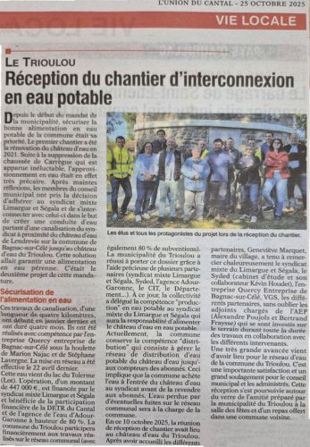 L'Union du Cantal du 25 octobre 2025 - Réception du chantier d'interconnexion en eau potable Le Trioulou