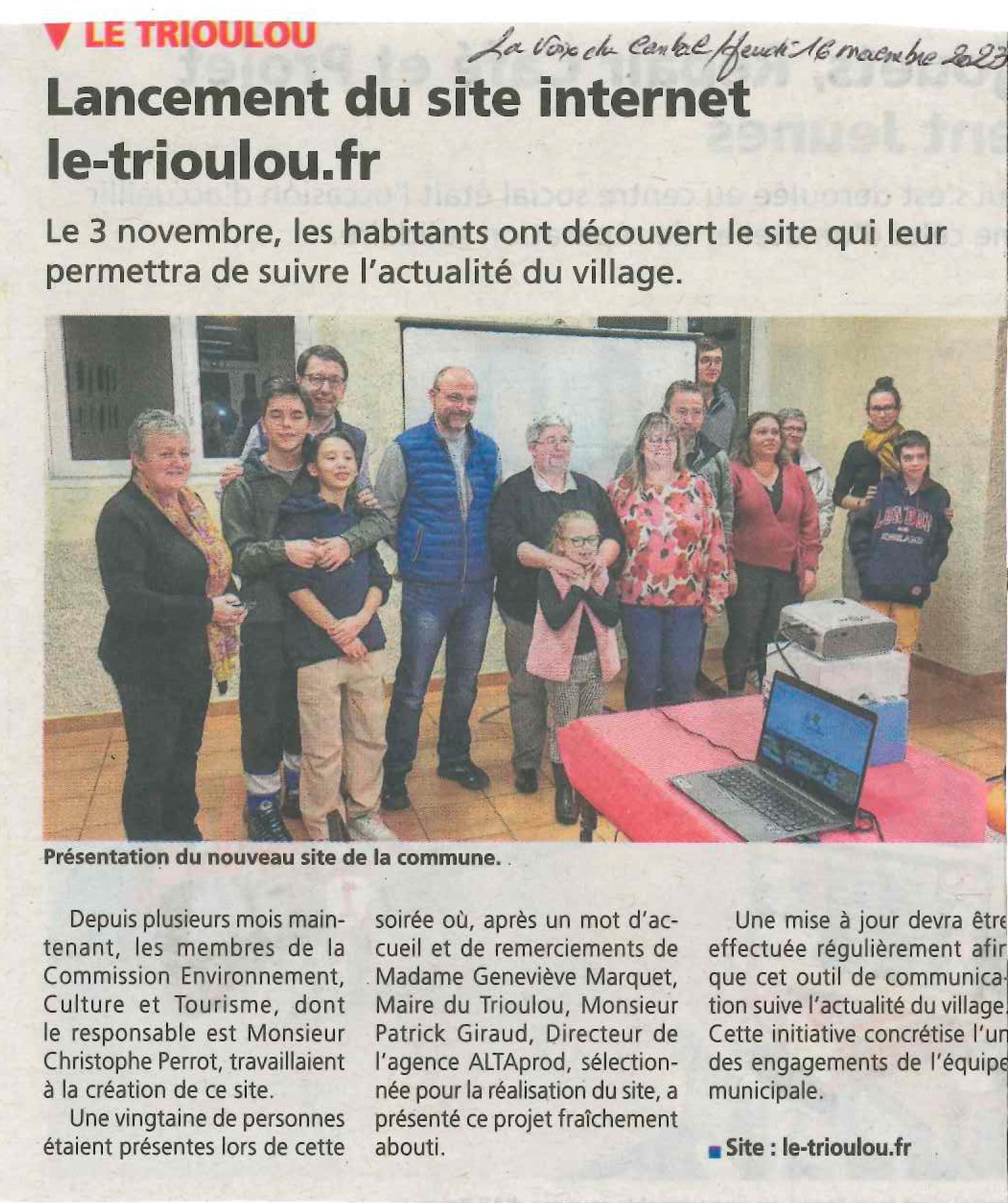 Article de la Voix du Cantal 16 novembre 2023 Le Trioulou Cantal