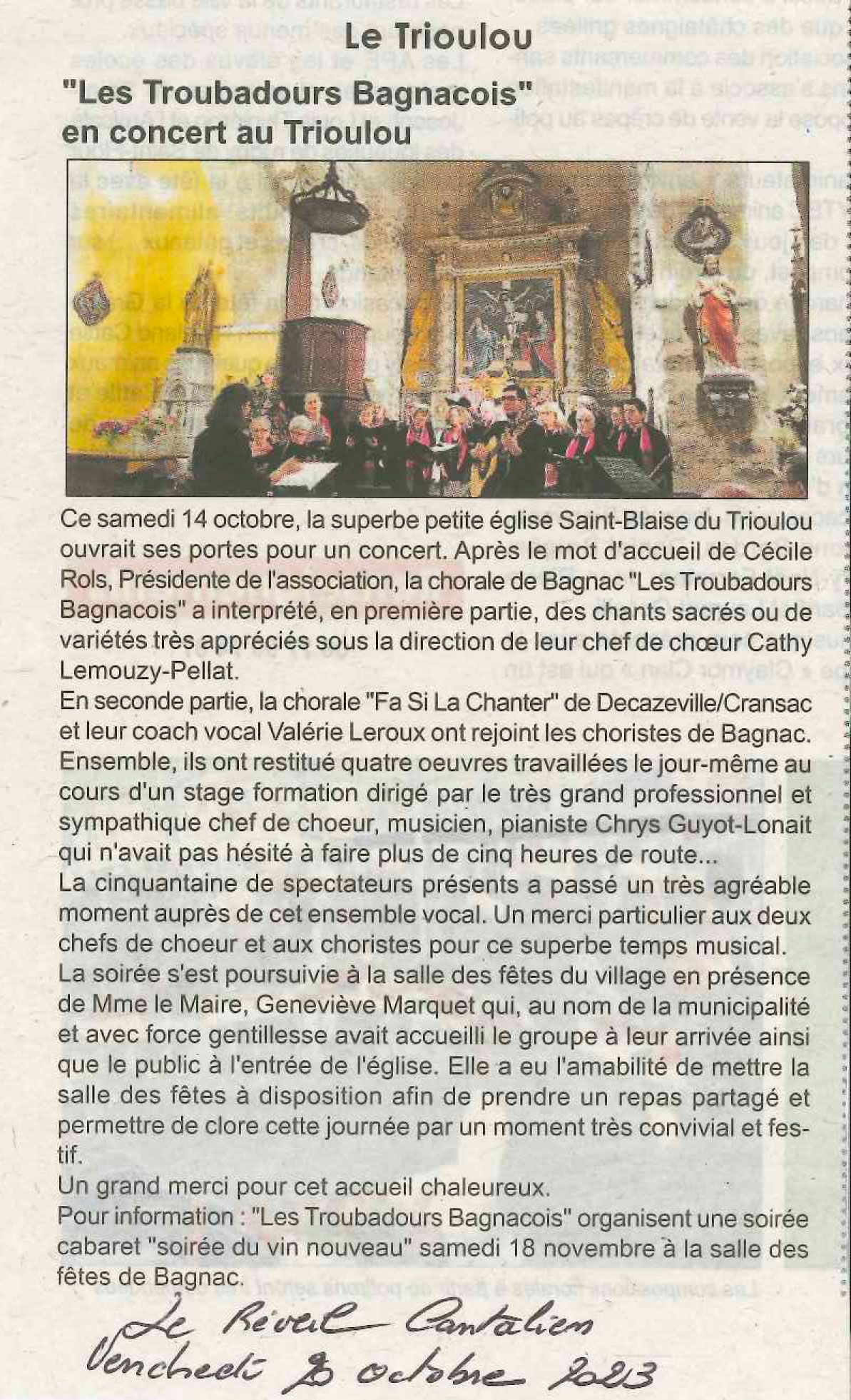Article du Réveil Cantalien du 2 octobre 2023 - Le Trioulou Cantal