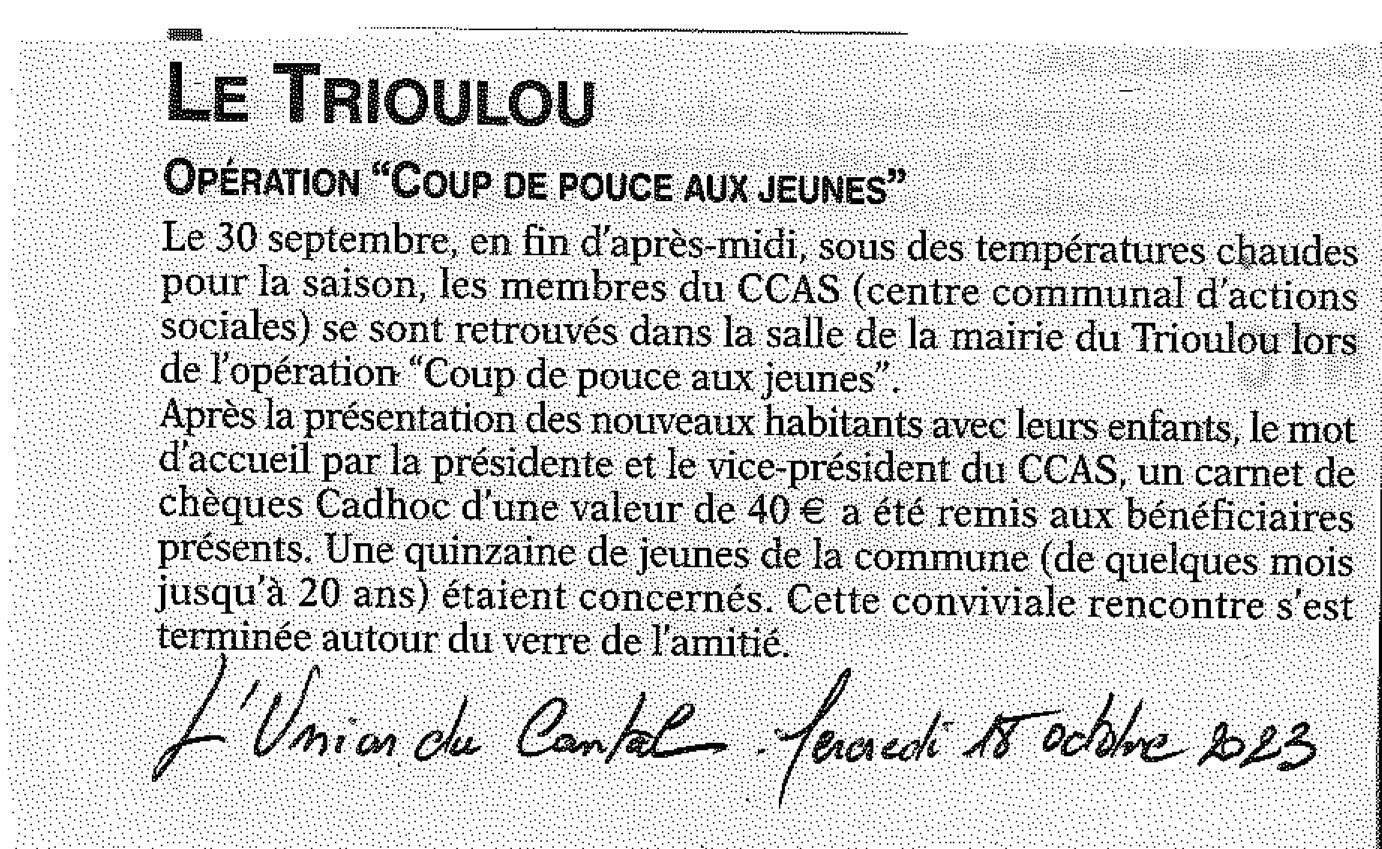 Article de l'Union du 18 octobre 2023 Le Trioulou Cantal