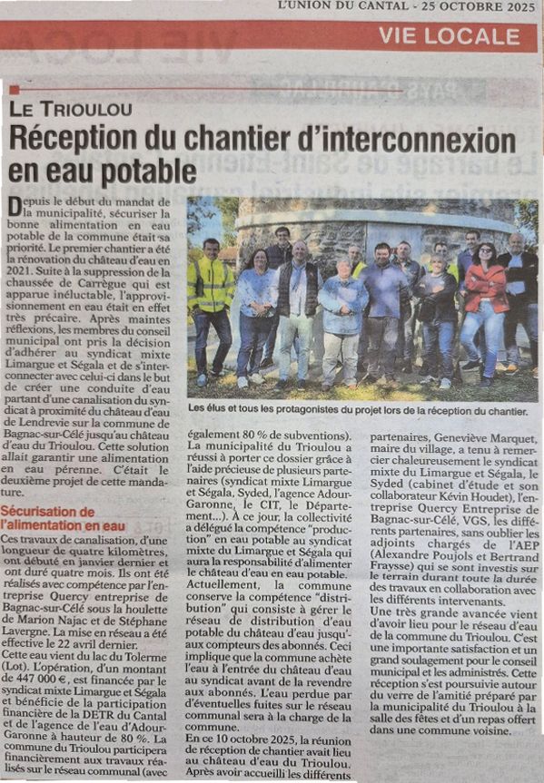 L'Union du Cantal du 25 octobre 2025 - Réception du chantier d'interconnexion en eau potable Le Trioulou