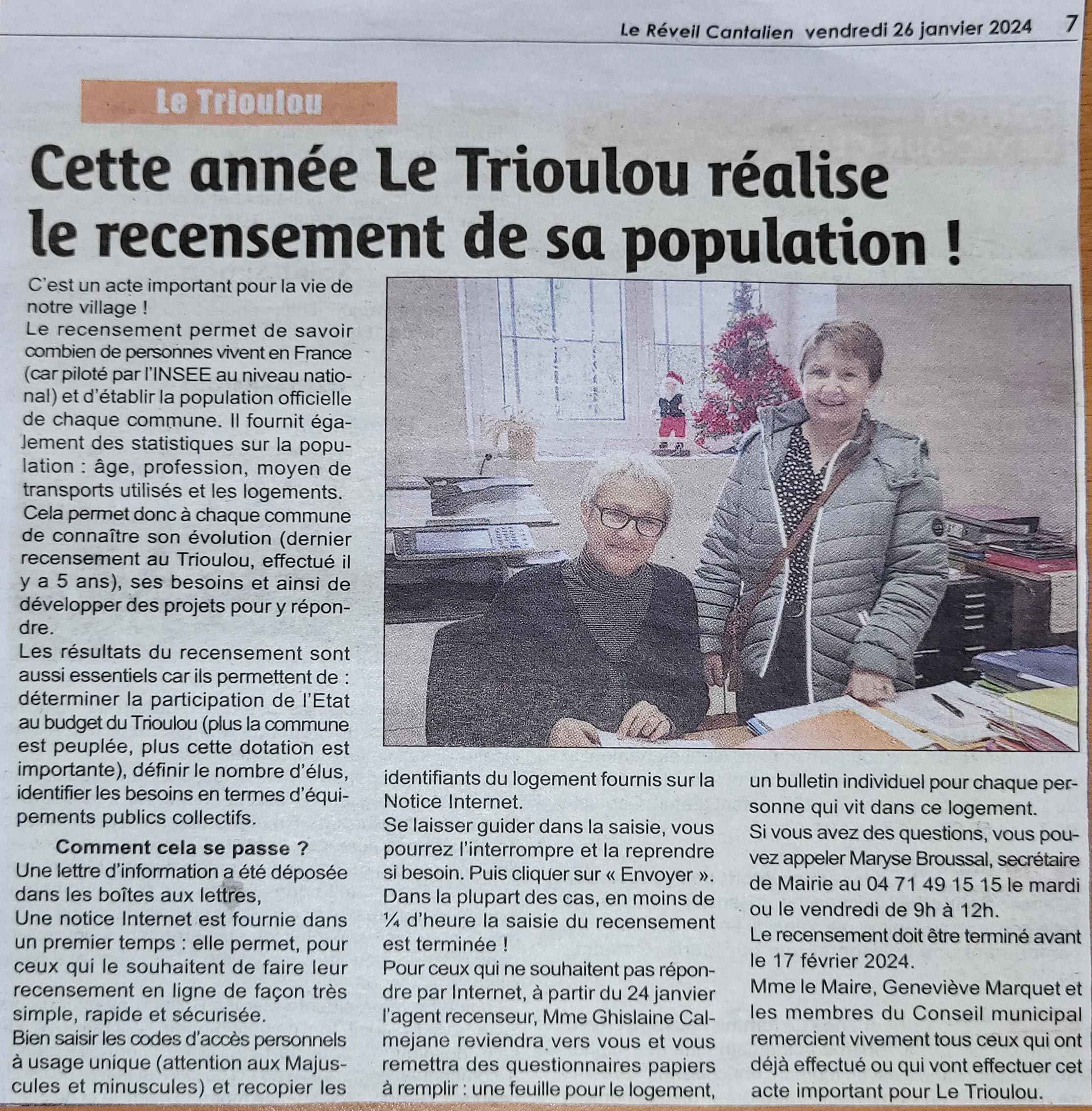 Article du Réveil Cantalien 26 janvier 2024 Le Trioulou Cantal