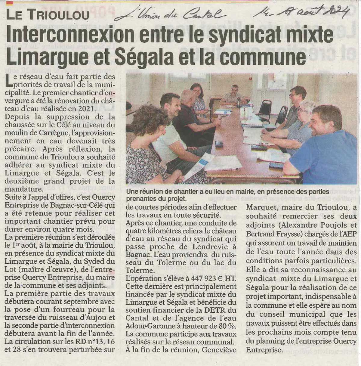 Article de l'Union du Cantal 17 août 2024 - Le Trioulou Cantal - Interconnexion limargue ségala