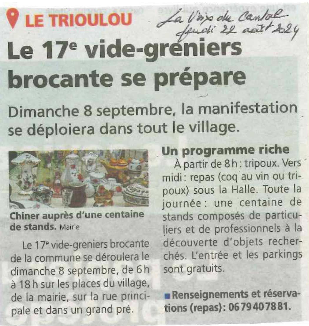 Article de La Voix du Cantal 22 août 2024 - Le Trioulou Cantal - Vide grenier et brocante