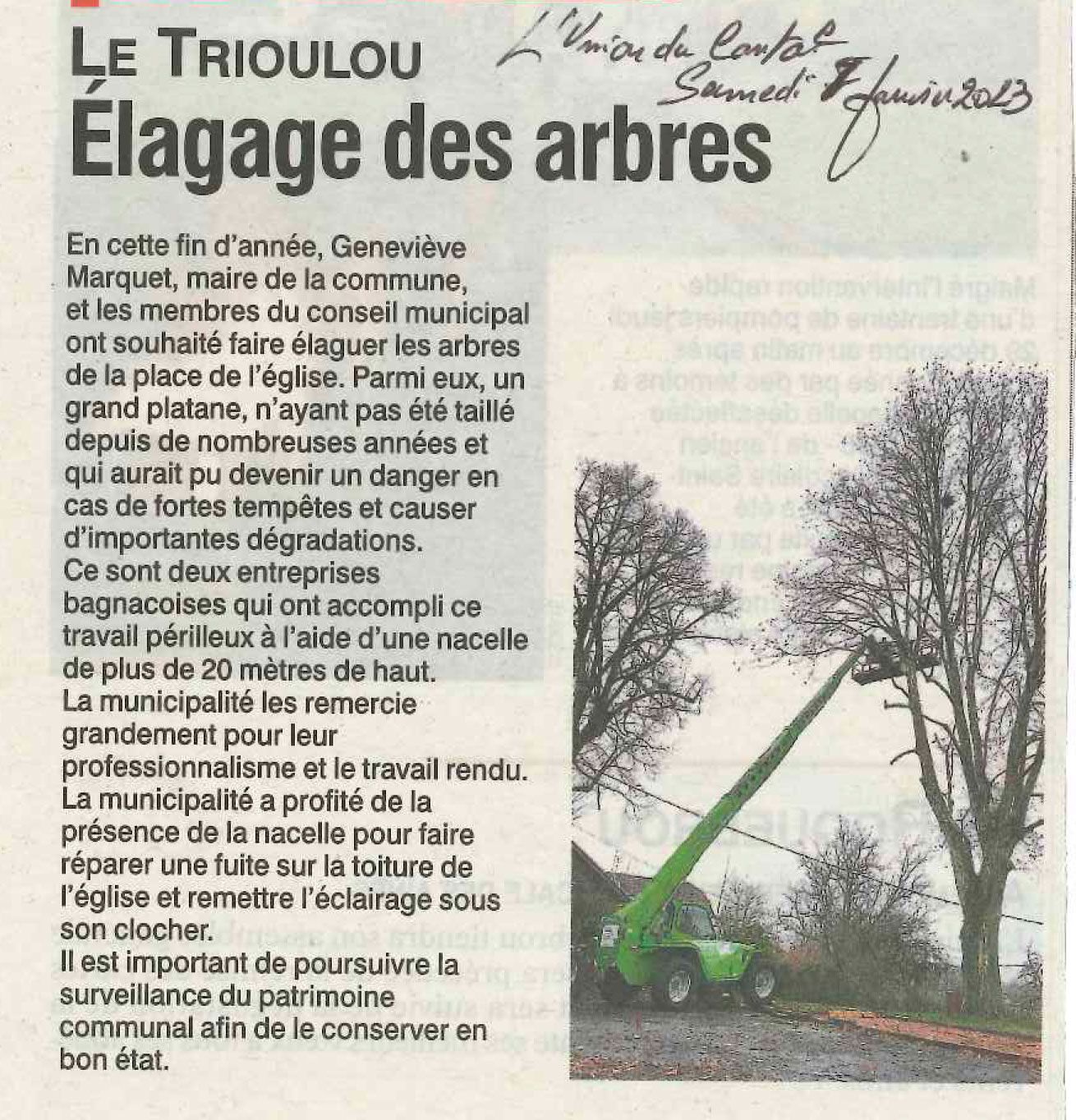 Article sur le Trioulou Elagage des arbres paru dans L'Union du Cantal du 7 janvier 2023