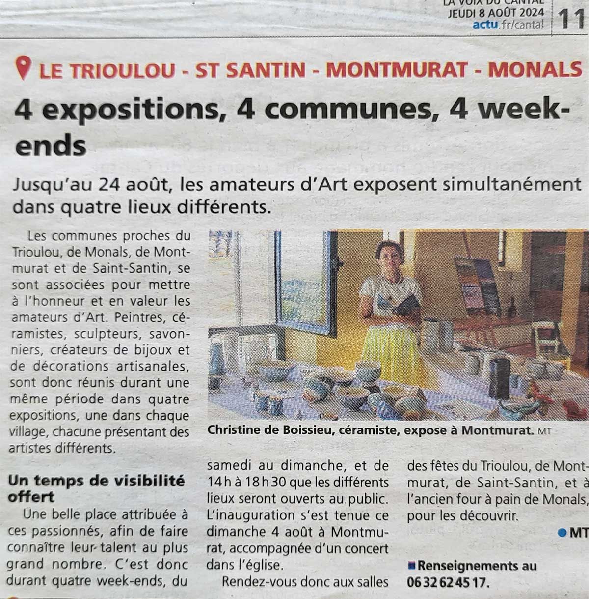 Article de La Voix du Cantal 8 août 2024 - Le Trioulou Cantal - Exposition d'art